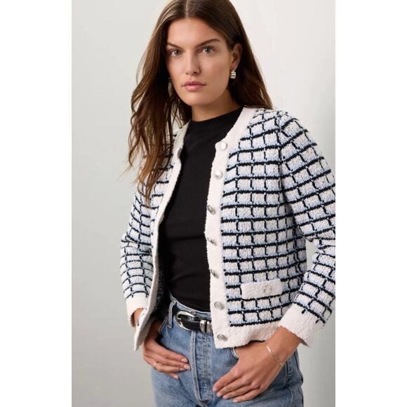 Veronica Beard Lavigne Sweater Jacket Size Large in Blue/White/Black Cotton XS - Picture 3 of 11
